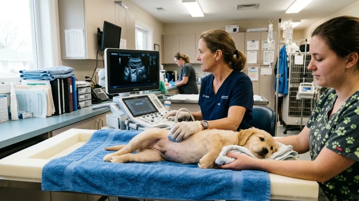 Veterinarian performing high-resolution abdominal ultrasound revealing concentric ring target sign in a young pet with intestinal intussusception.