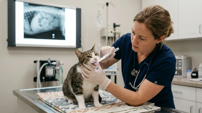 Veterinarian carefully inspecting oral cavity under the feline tongue for anchored linear foreign body thread with intestinal plication radiograph in background.