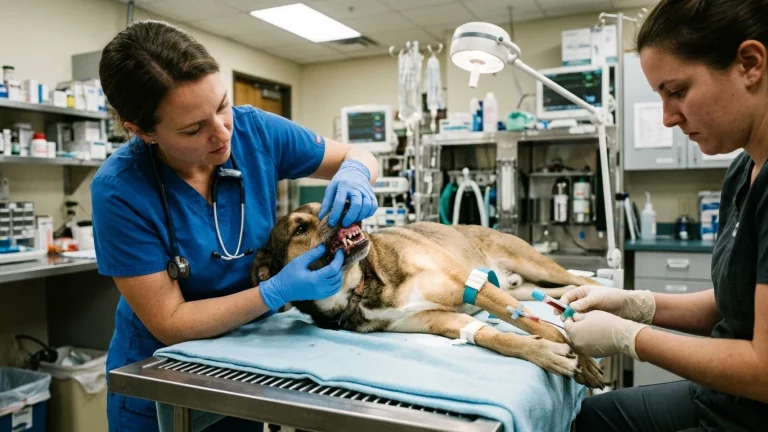 Veterinarian inspecting oral mucous membranes for petechiae while drawing a coagulation blood sample in a dog with rodenticide poisoning.