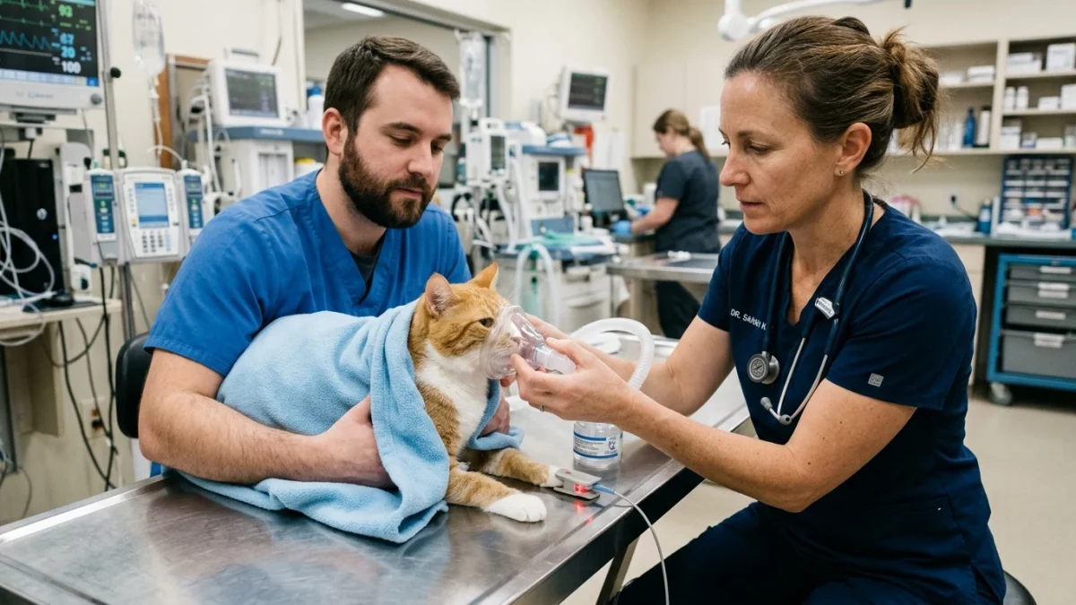 Veterinarian administering humidified medical oxygen through a face mask to an adult cat in respiratory distress after house fire smoke inhalation.