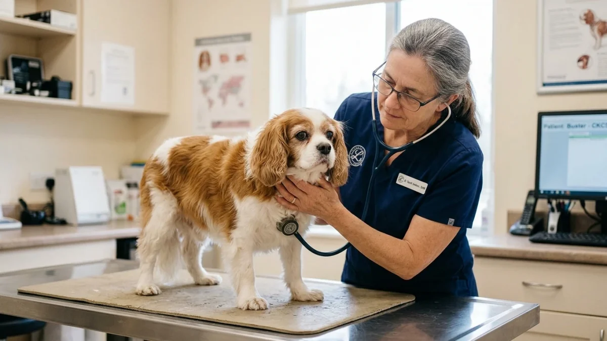 A senior veterinarian listening to the heart and trachea of an older Cavalier King Charles spaniel dog with a stethoscope.
