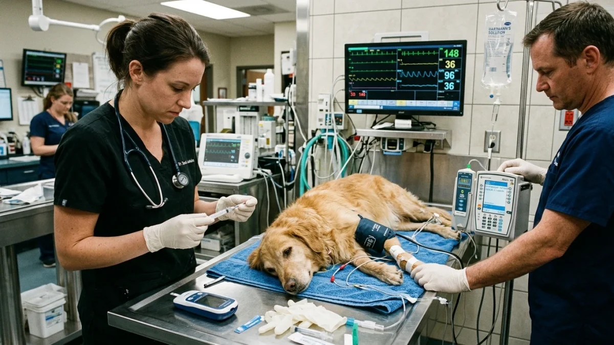 Veterinarian and veterinary technician testing blood glucose and ketones while managing IV fluid lines on a recumbent dog with DKA.