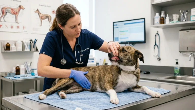 A veterinarian performing gentle abdominal palpation and a gum moisture check on a dog in an exam room.