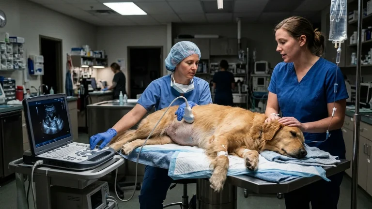 Veterinarian conducting an emergency abdominal ultrasound on a pregnant dog to evaluate fetal heart rates and distress during prolonged labor.