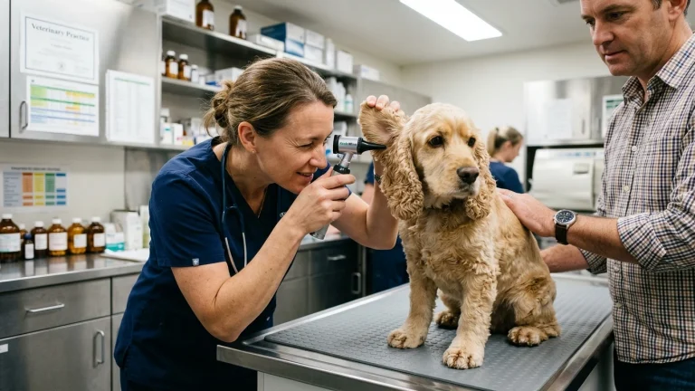 A veterinarian using a medical otoscope to carefully inspect the ear canal of a golden cocker spaniel on an examination table.