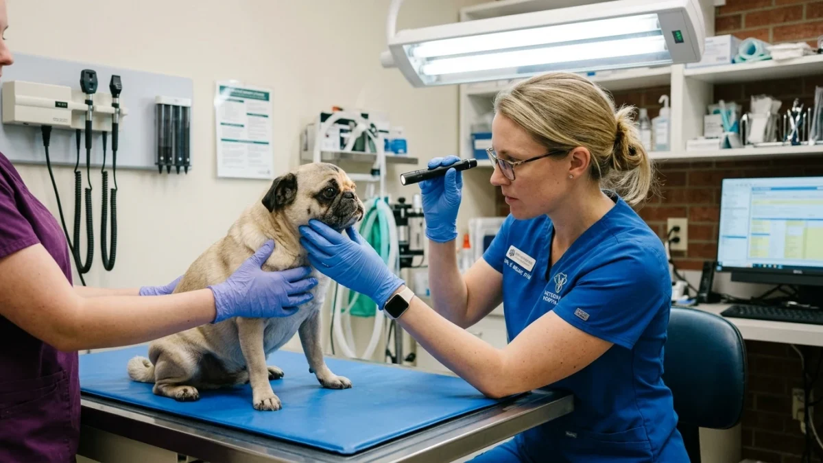 Veterinarian using a focal ophthalmic penlight to examine the eye of a brachycephalic pug dog in a veterinary clinic.