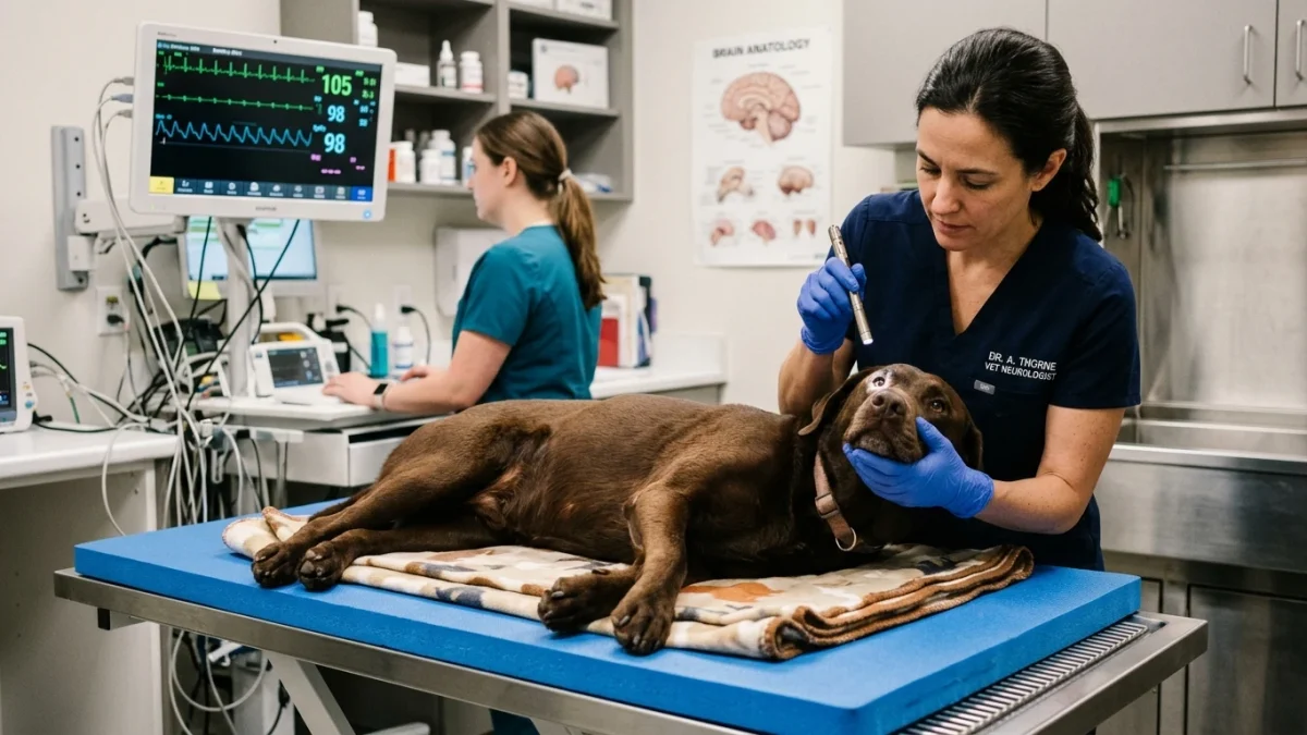 A veterinary neurologist in navy blue scrubs examining the pupillary reflexes of a Labrador retriever lying on a padded examination table with ECG monitoring.