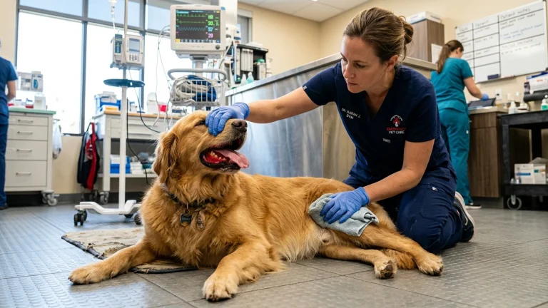 A veterinarian in dark blue scrubs kneeling beside a panting golden retriever on a clinic floor, applying a damp towel and checking the dog's gums for heatstroke signs.