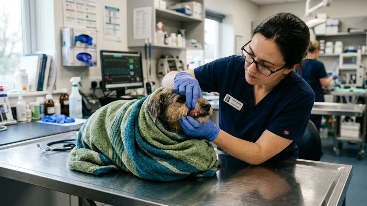 Veterinarian gently examining a shivering dog wrapped in warm clinical blankets on an examination table.