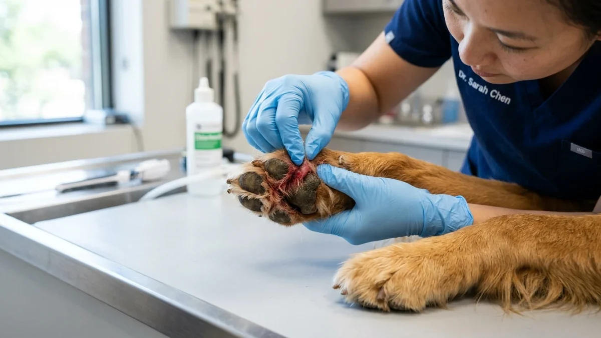 A veterinarian in blue medical gloves gently examining the inflamed interdigital space between the paw pads of a dog on an examination table.