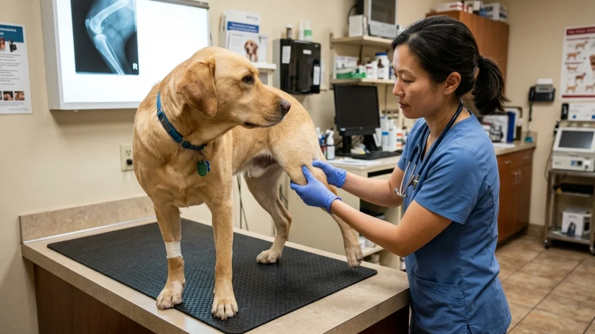 A veterinarian performs an orthopedic joint examination on a dog's hind leg in a clinic with an X-ray lightbox visible in the background.