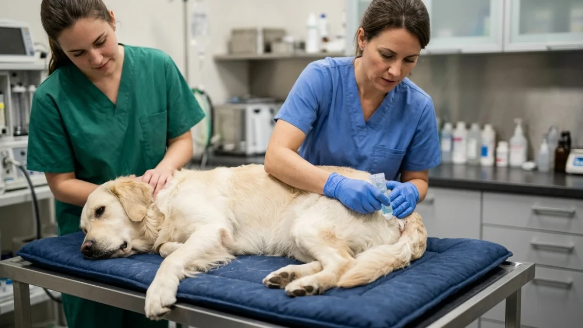 Veterinarian in medical gloves applying sterile cold water-soluble lubricant to the caudal prepuce of a calm male dog with paraphimosis.