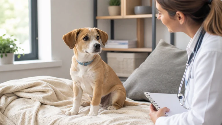 A veterinarian explaining flea, tick, and heartworm preventative options to a pet owner holding a healthy dog.