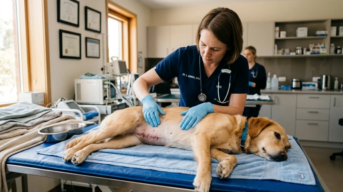 Veterinarian wearing medical gloves carefully inspecting a clean, healing abdominal surgical incision on a dog.