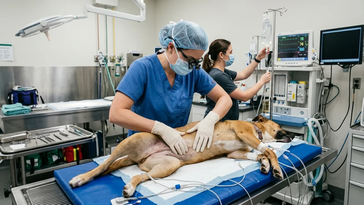 Veterinarian carefully examining the abdomen of an adult female dog with suspected pyometra in an emergency surgical suite.
