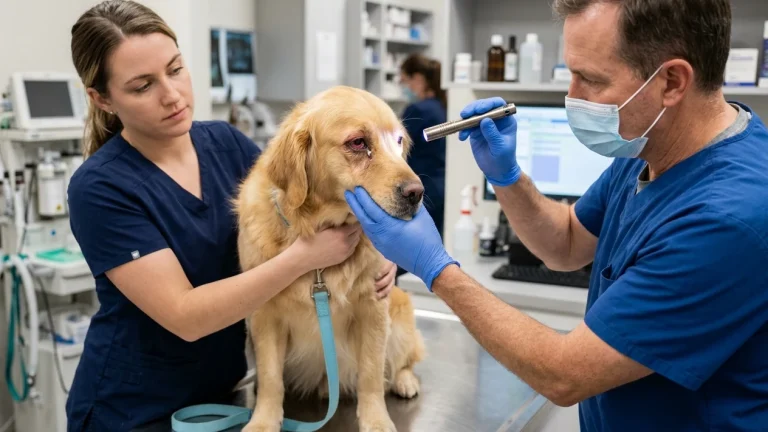 A veterinarian using a penlight to examine a golden retriever's inflamed red eye while a vet tech restrains the dog on a stainless steel exam table.