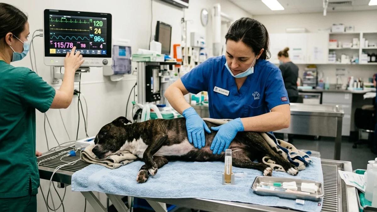 Veterinarian carefully palpating a guarded acute abdomen while preparing bedside abdominocentesis fluid diagnostic testing for suspected septic peritonitis in a dog.