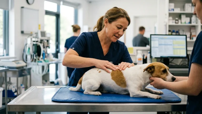A veterinarian performing gentle spinal and abdominal palpation on a small dog on an exam table.