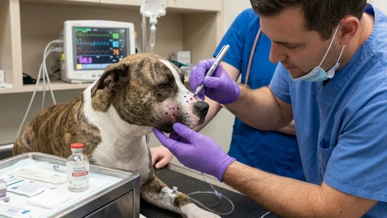 Veterinarian marking advancing edema of pit viper snakebite puncture wounds on a dog while preparing antivenom infusion.