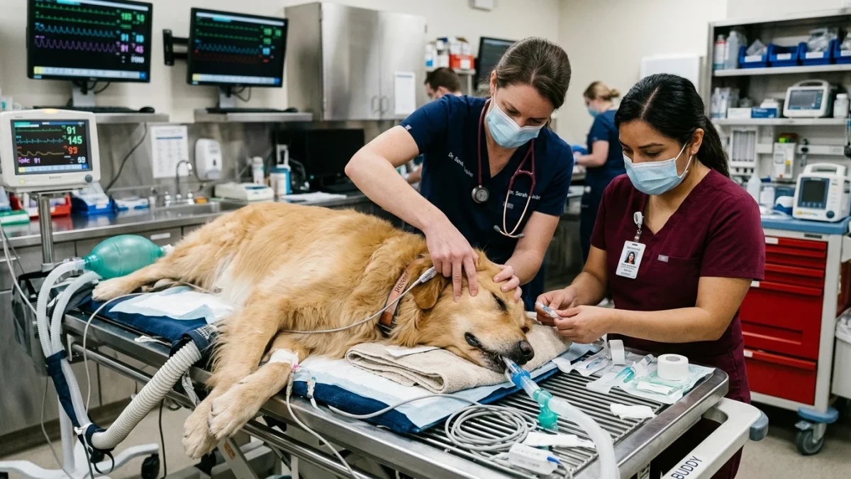 Emergency veterinary team stabilizing a collapsed golden retriever and checking pale gums for internal bleeding and hemoperitoneum.