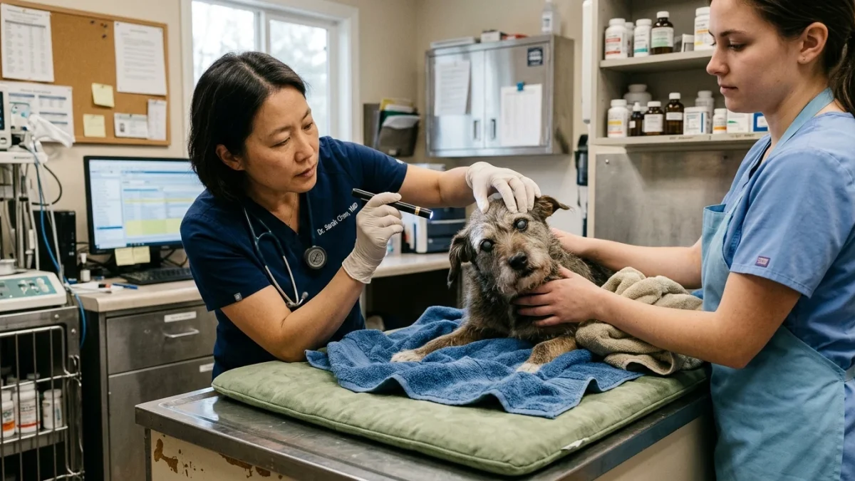 Veterinarian performing a cranial nerve and nystagmus penlight examination on an older dog with sudden head tilt on a padded exam table.