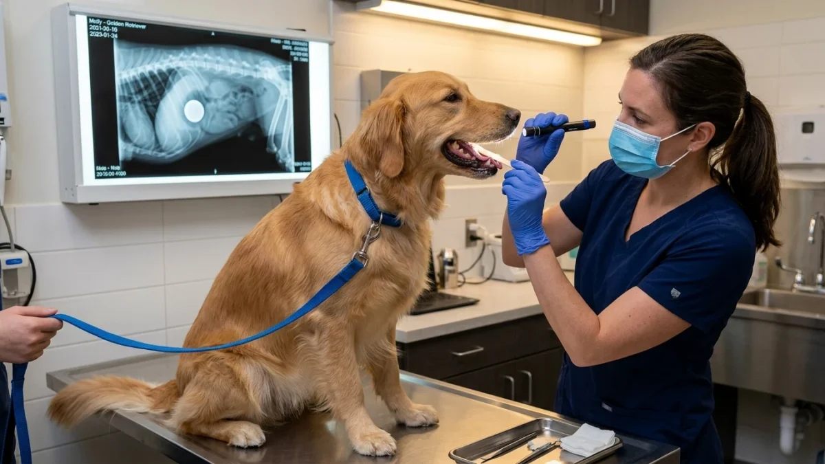 Veterinarian inspecting oral mucosa for alkaline chemical burns in a dog while viewing abdominal radiograph showing swallowed battery.