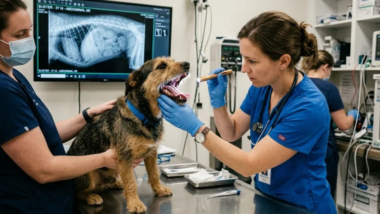 A veterinarian examining the open mouth of a mixed breed dog with a penlight on a stainless steel exam table, with an abdominal X-ray displayed on a screen behind them.