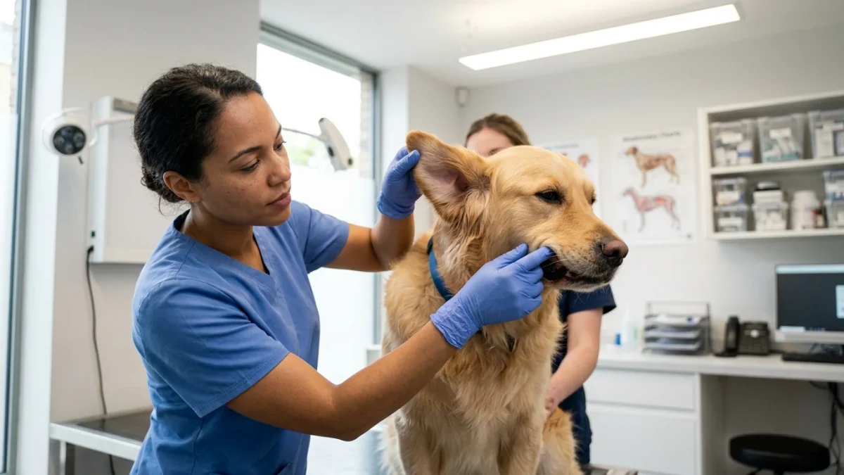 Veterinarian carefully inspecting a golden retriever dog's ears and gums for petechiae and tick bites in a veterinary clinic.