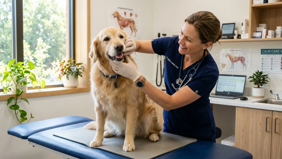 A veterinarian examining a golden retriever gums and abdomen during an emergency clinical evaluation.