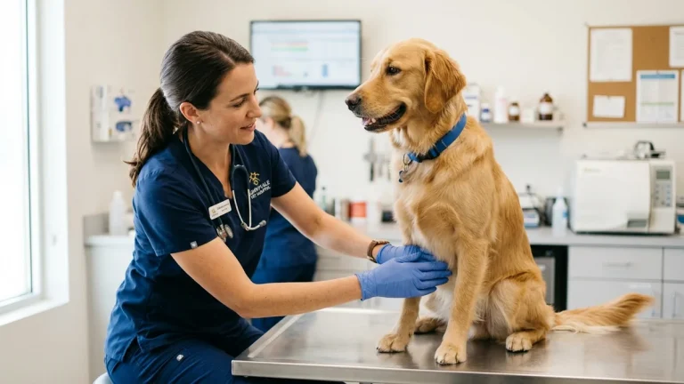 Female veterinarian gently examining a golden retriever dog on an examination table during abdominal triage