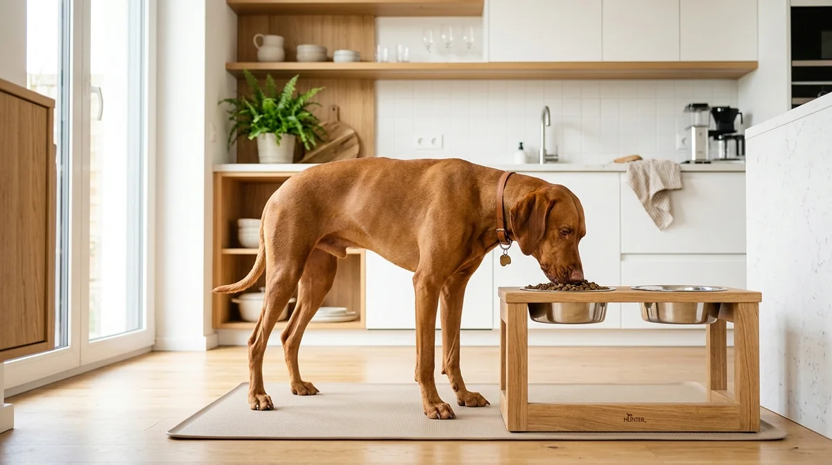 Dog eating from an elevated wooden feeder stand to maintain upright posture and prevent esophageal regurgitation