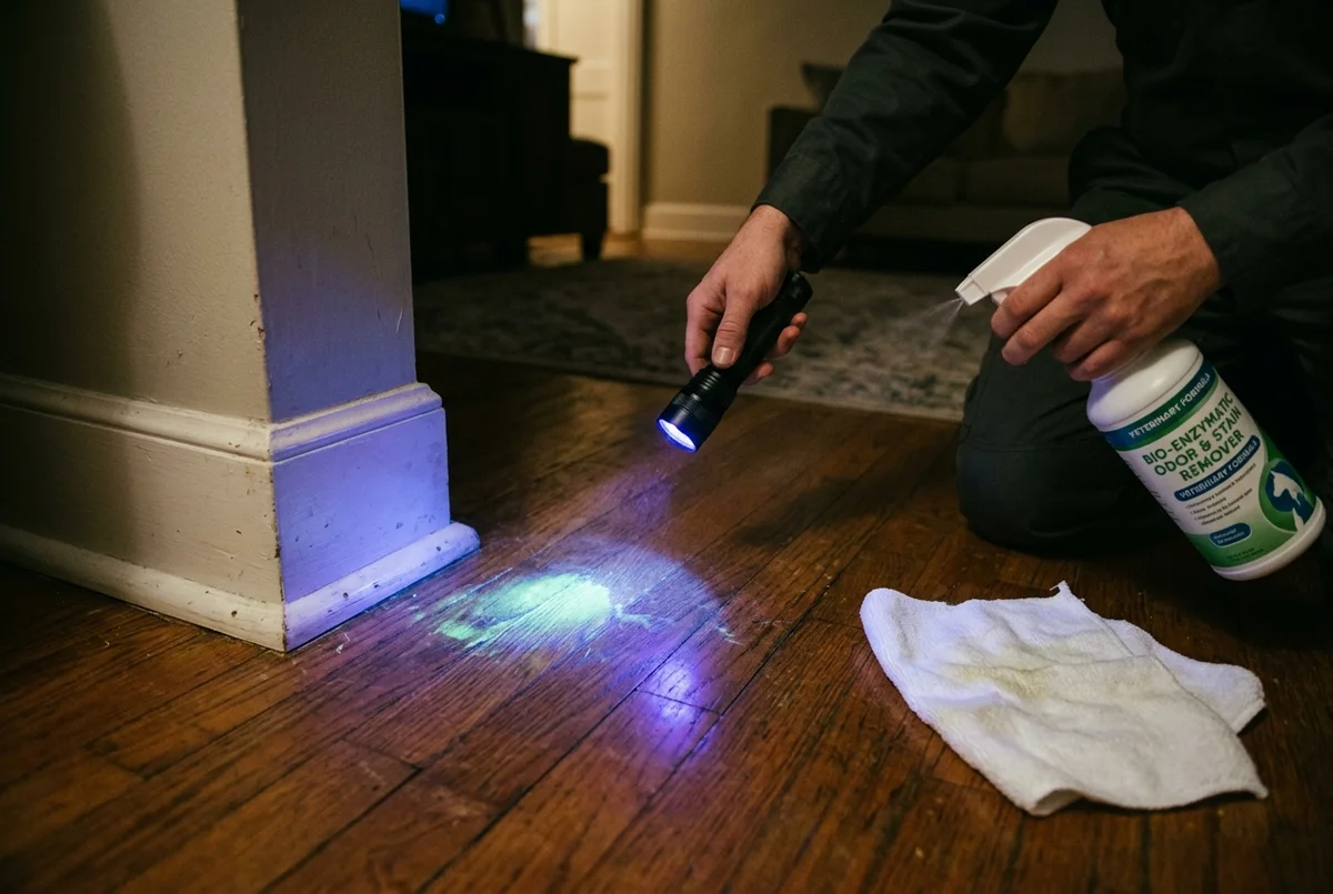 Handheld UV blacklight revealing glowing cat urine stain on hardwood floor while bio-enzymatic cleaner is sprayed