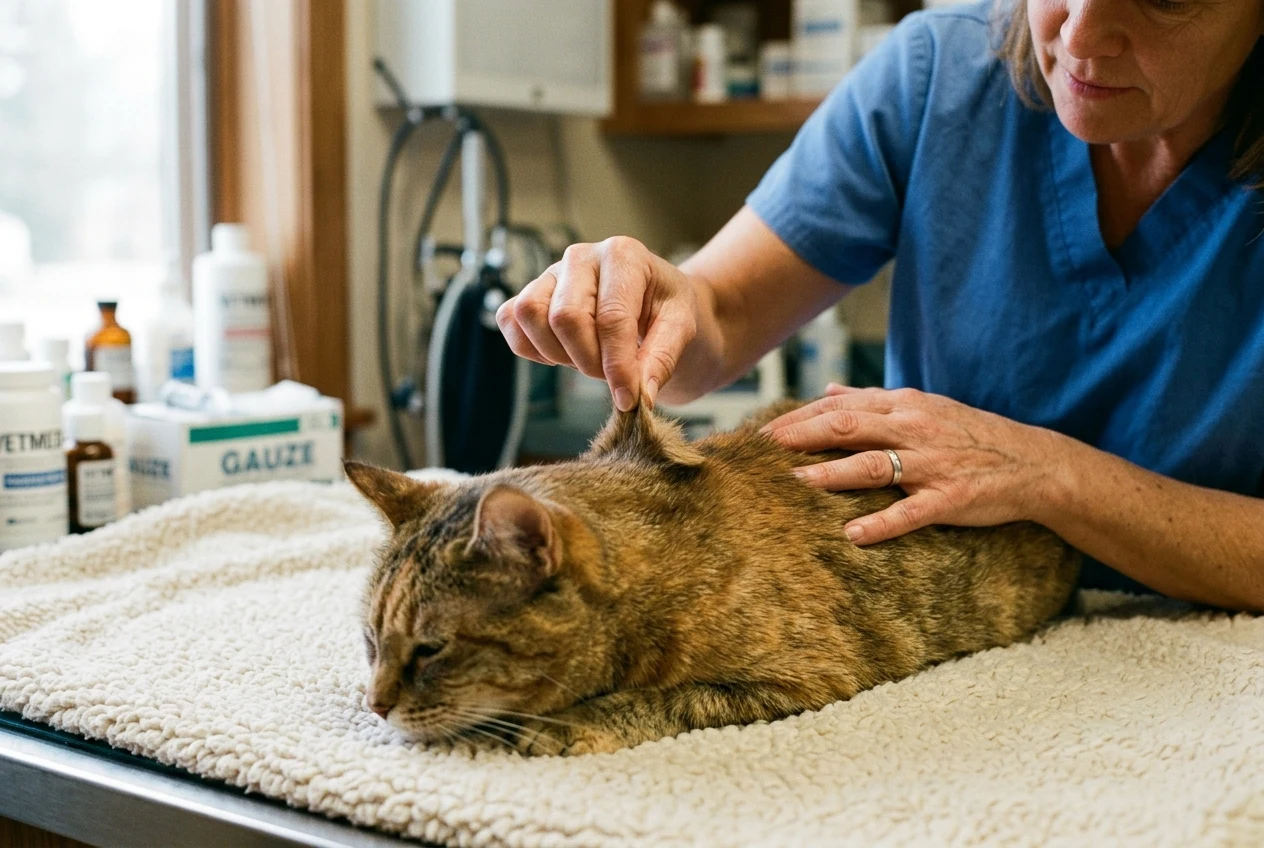 Veterinarian gently lifting skin tent over a cat's shoulder blades to evaluate skin turgor and hydration status