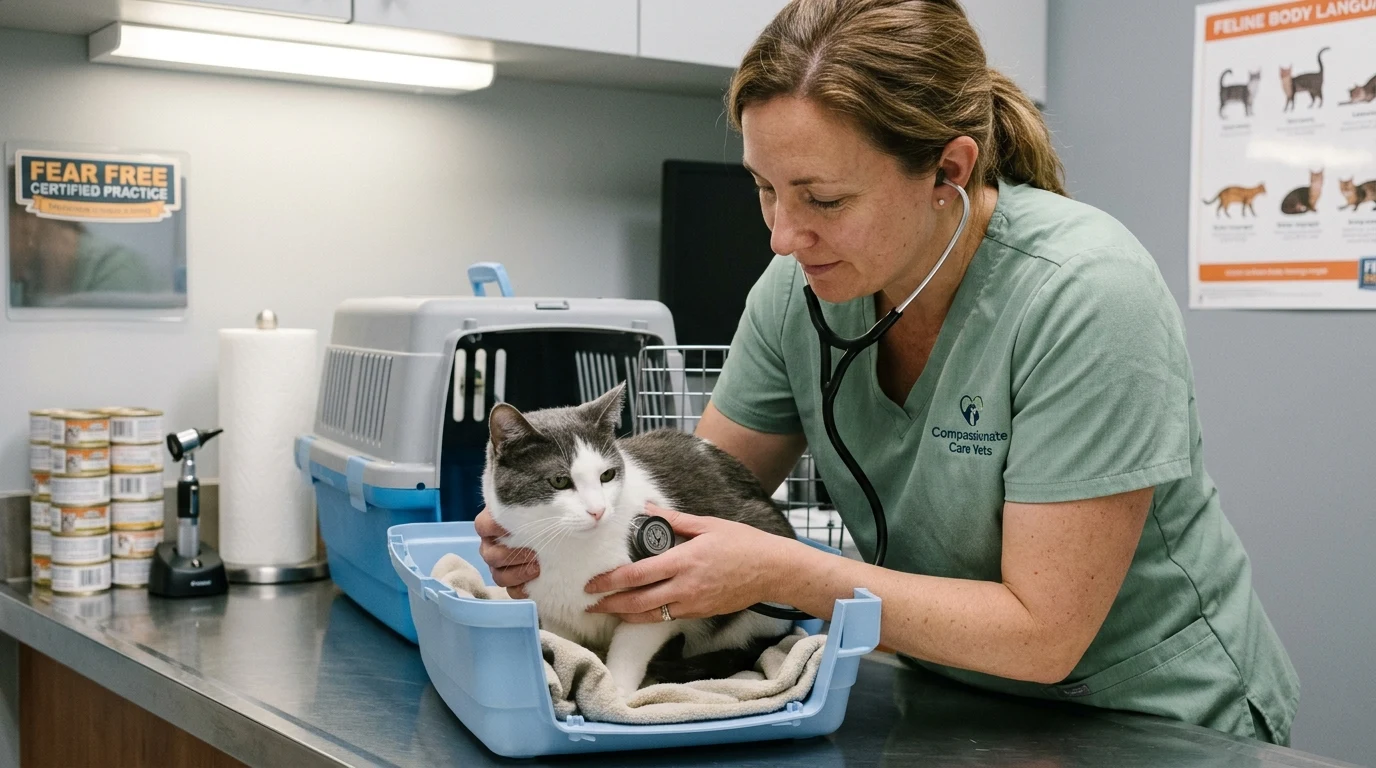 Veterinarian gently examining a calm cat resting comfortably in the unclipped bottom tray of its carrier