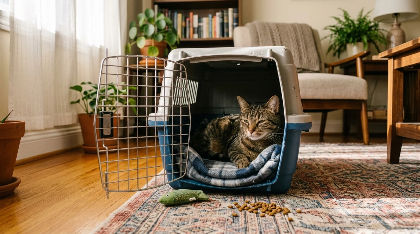 Calm domestic cat resting willingly inside an open hard-sided carrier lined with a soft blanket in a living room