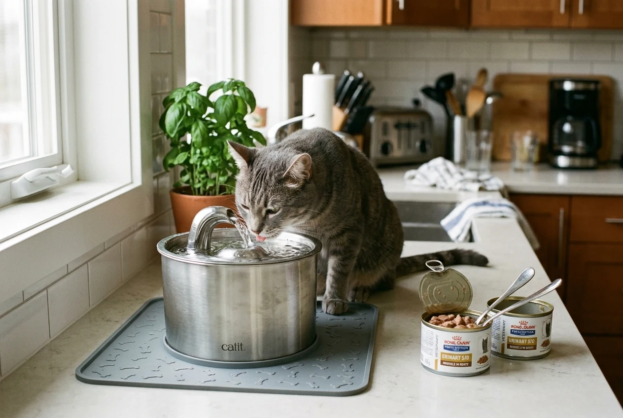 Domestic cat drinking from a stainless steel water fountain next to canned urinary health wet food