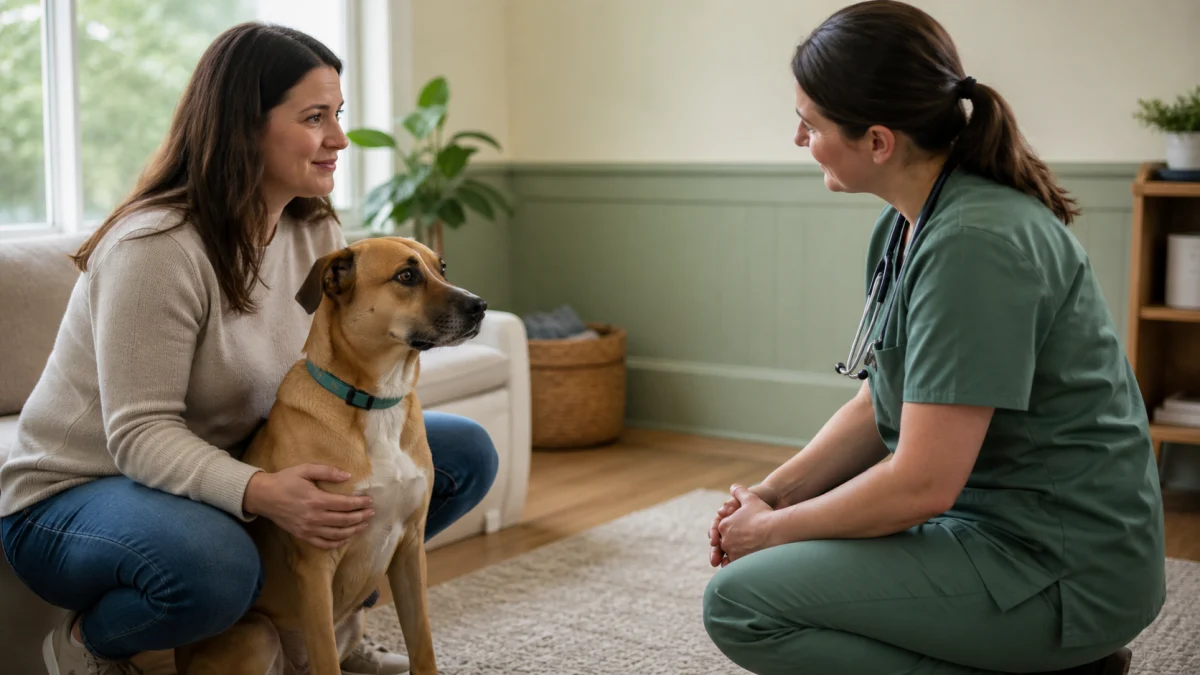A veterinarian calmly examining a newly adopted dog while the adopter provides gentle reassurance.