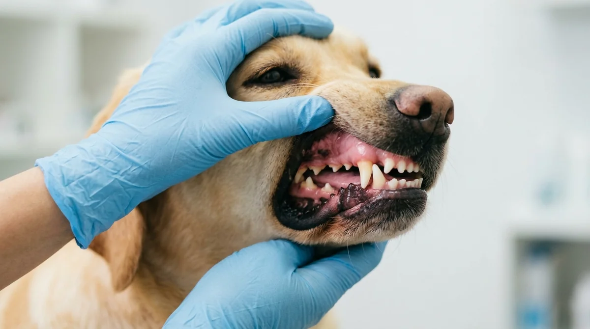 Veterinarian hands lifting dog upper lip to check pink mucous membrane gums and capillary refill time