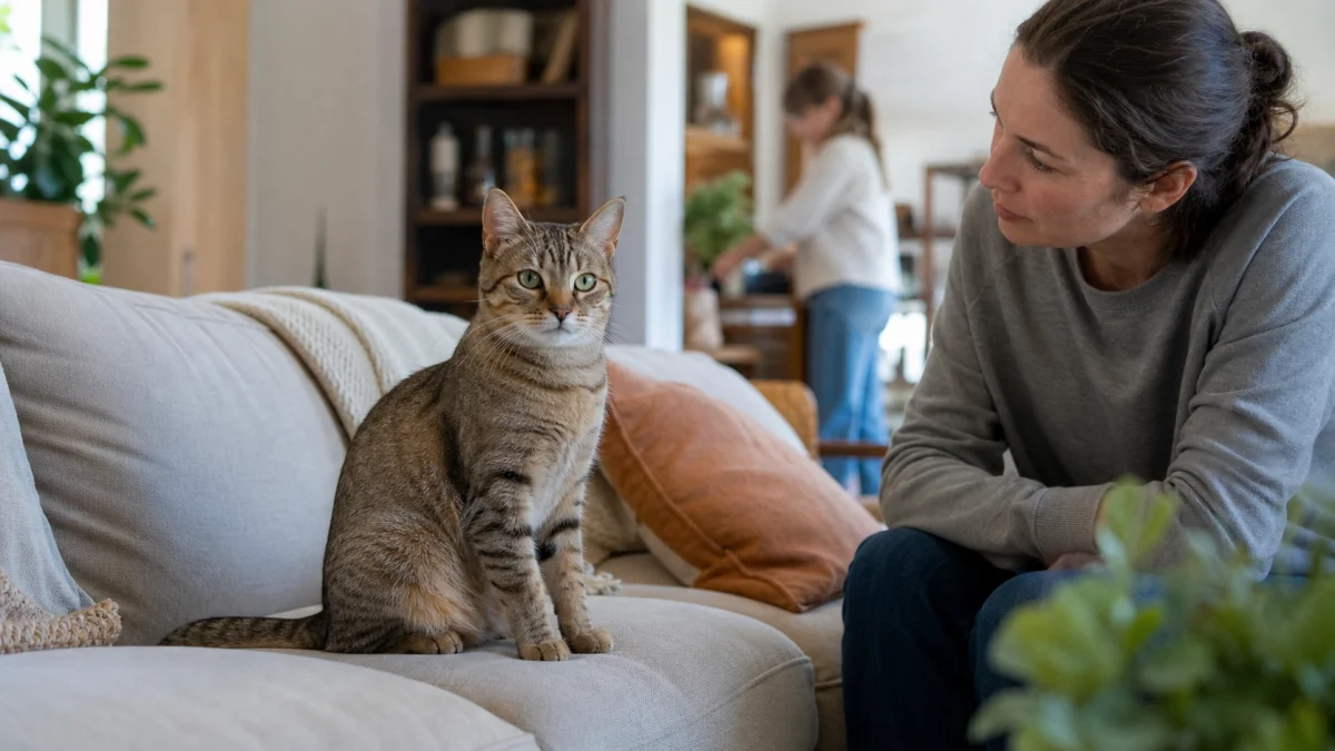 A veterinary clinician gently taking the resting pulse and checking the vital signs of a calm domestic pet.