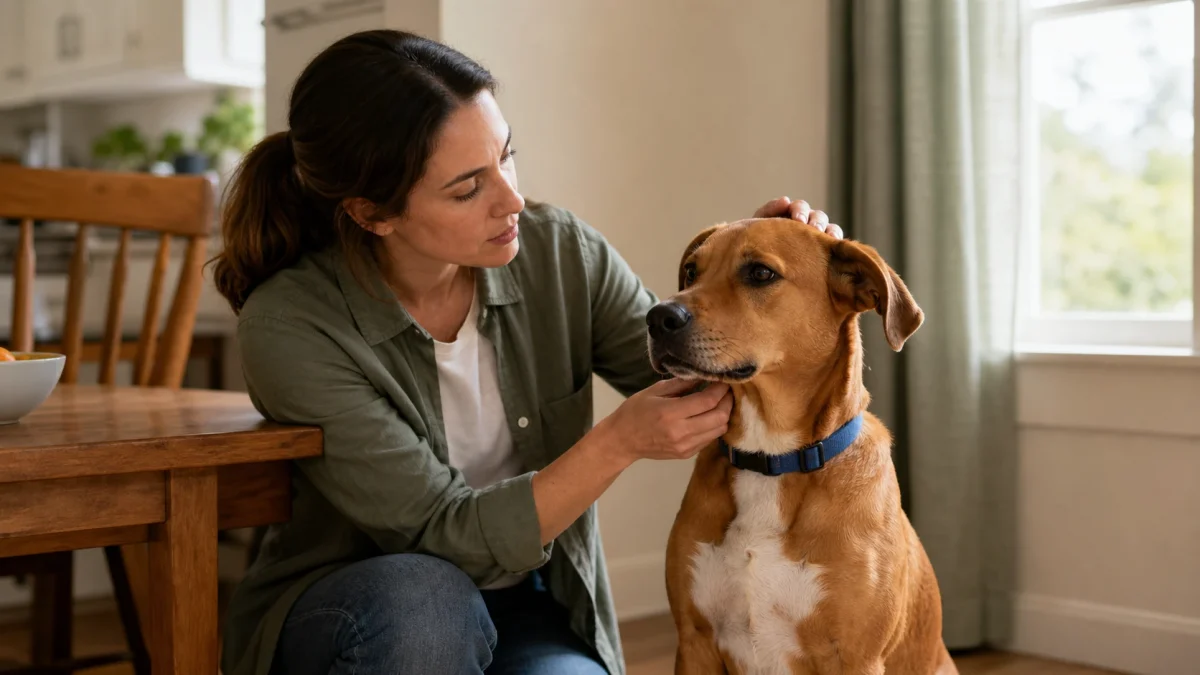 A quiet dedicated isolation recovery room with comfortable bedding, separate water bowls, and gentle lighting for a resting pet.