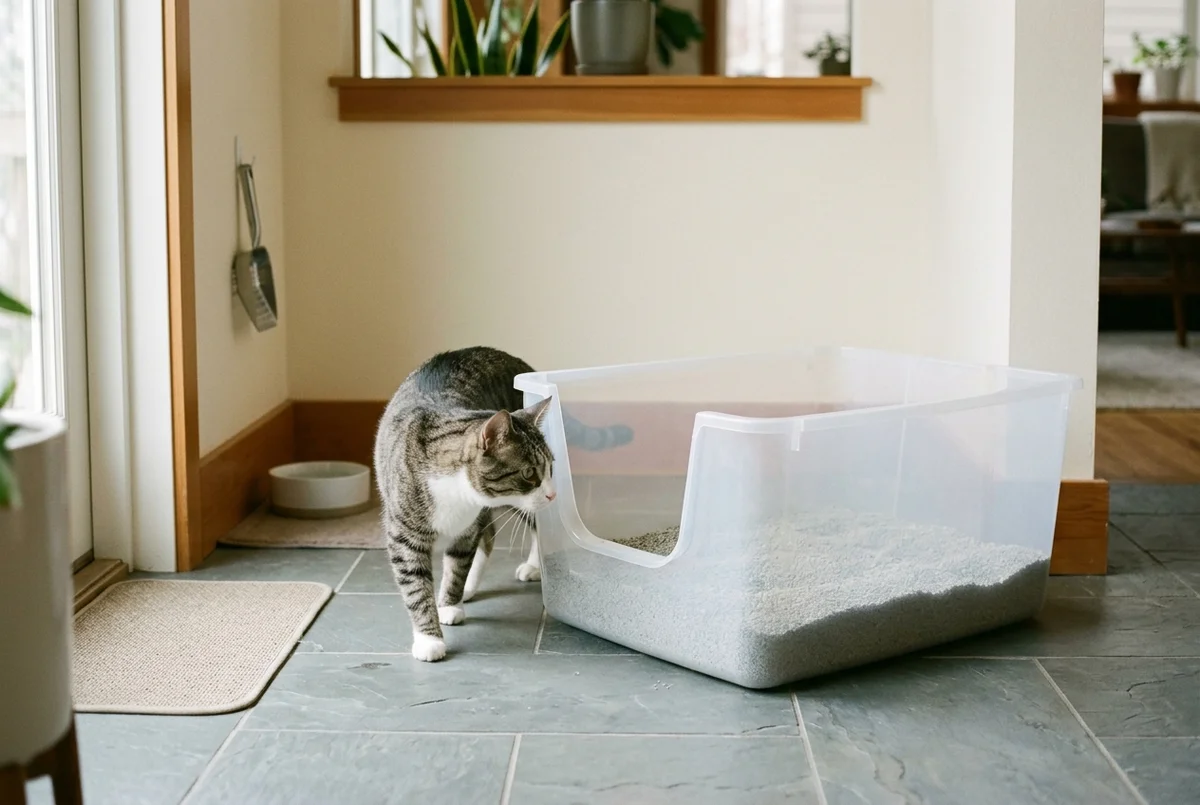 Domestic cat approaching a large open-top translucent high-sided litter box with low entry cutout on slate tile