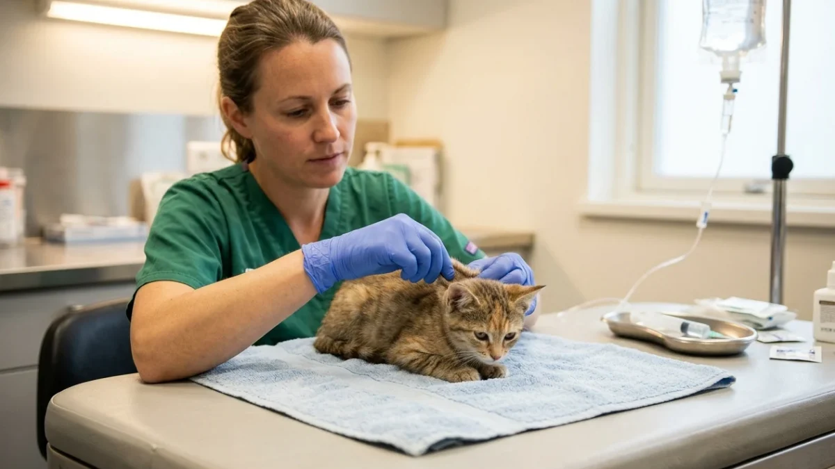 A veterinarian gently checking skin turgor on a small tabby kitten on a padded exam table with IV fluid bag visible in the background.