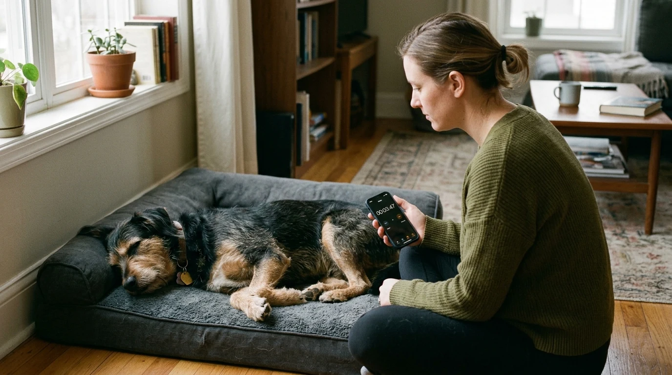Caregiver counting chest excursions of a sleeping dog with a digital stopwatch to monitor resting respiratory rate