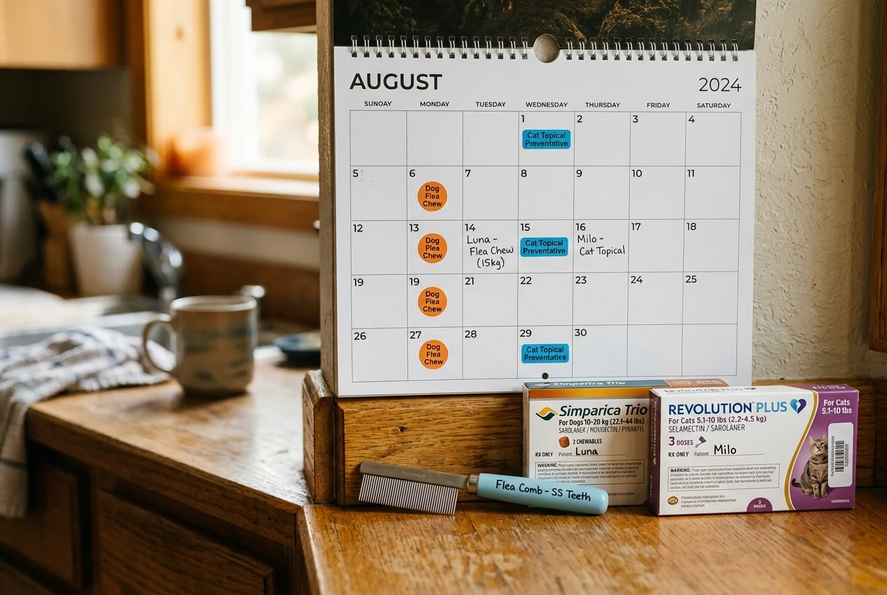 Monthly calendar with pet flea medication stickers next to a fine-toothed flea comb and prescription boxes