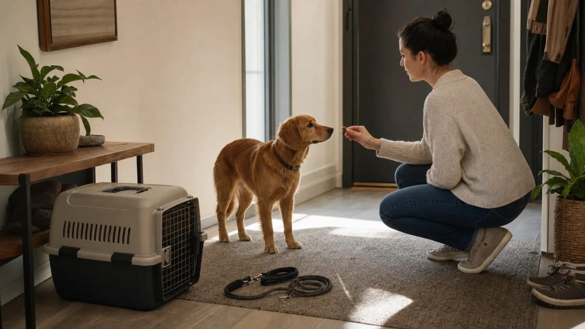 A caring pet parent observing an alert dog resting comfortably at home while checking clinical symptoms.