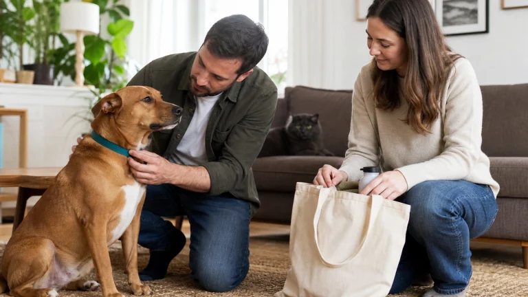 A dedicated pet owner recording health observations in a notebook while observing a relaxed dog at home.