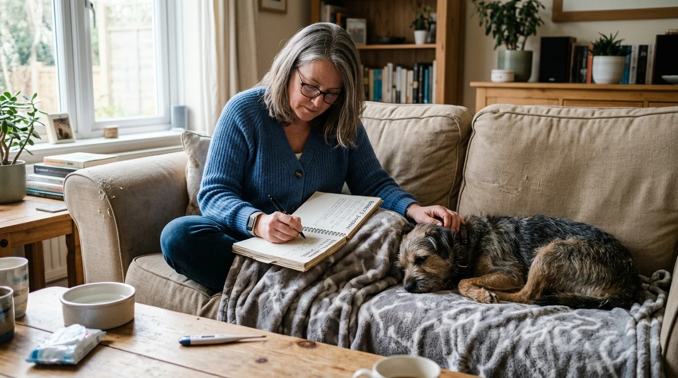 Pet owner writing in symptom observation journal beside a resting dog on a living room couch