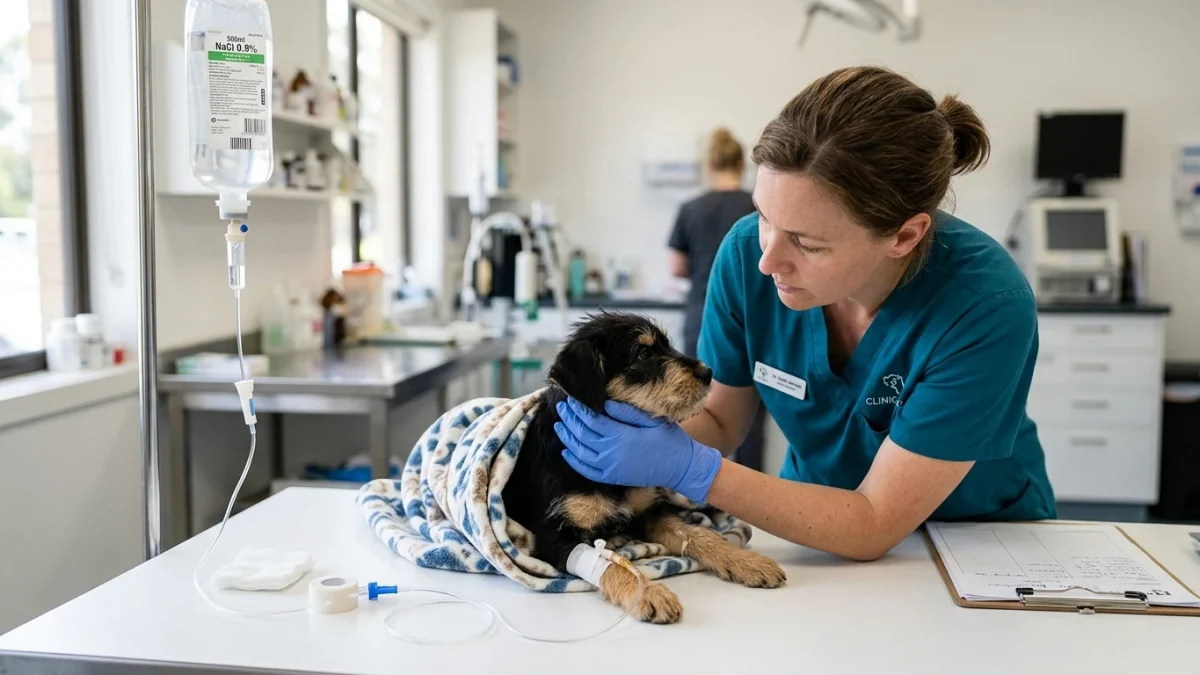 A veterinarian in teal scrubs monitoring a small puppy wrapped in a blanket receiving intravenous fluid therapy on a veterinary hospital examination table.