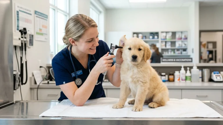 A veterinarian carefully examining a golden retriever puppy on a clinical examination table before administering core vaccines.