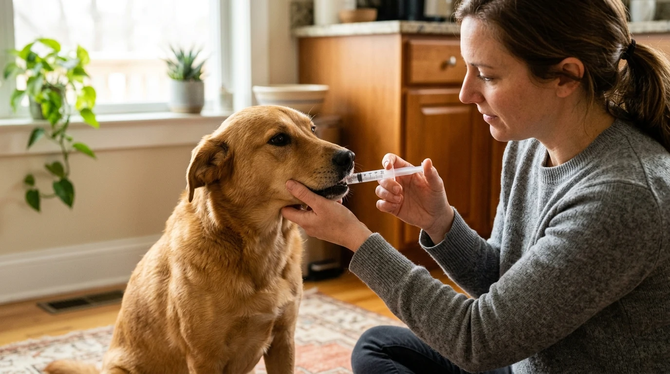 Caregiver gently administering liquid medication via oral syringe into the side cheek pouch of a calm pet